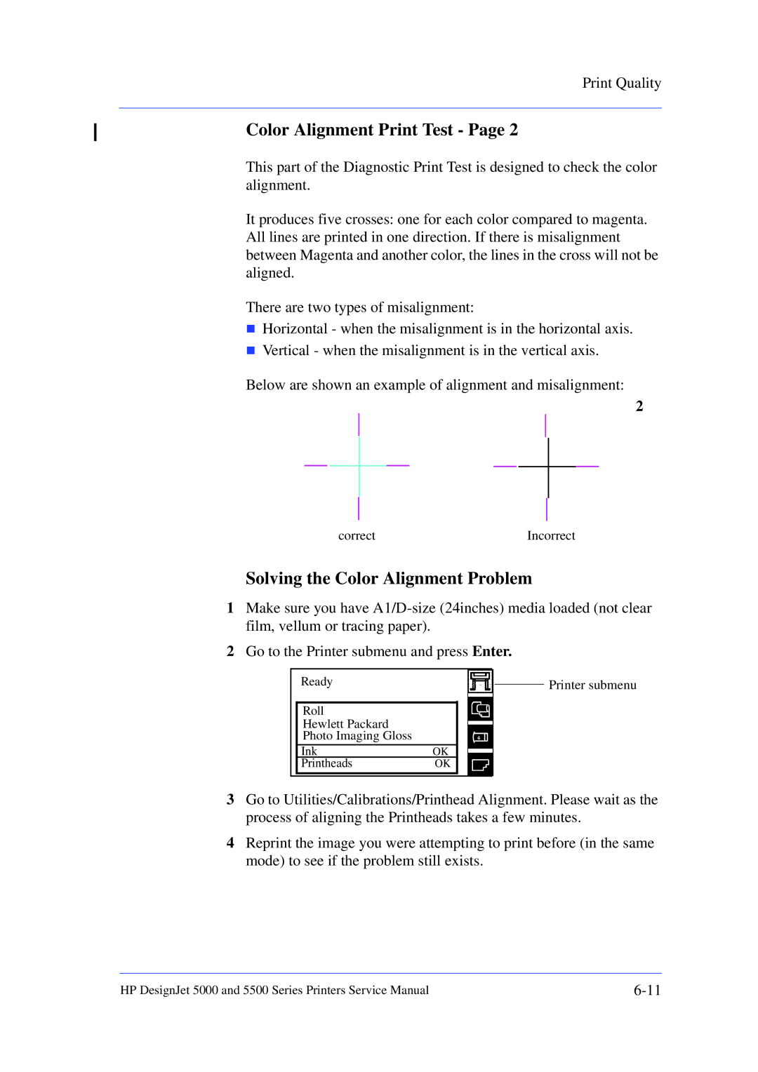 HP 5000 manual Color Alignment Print Test, Solving the Color Alignment Problem 