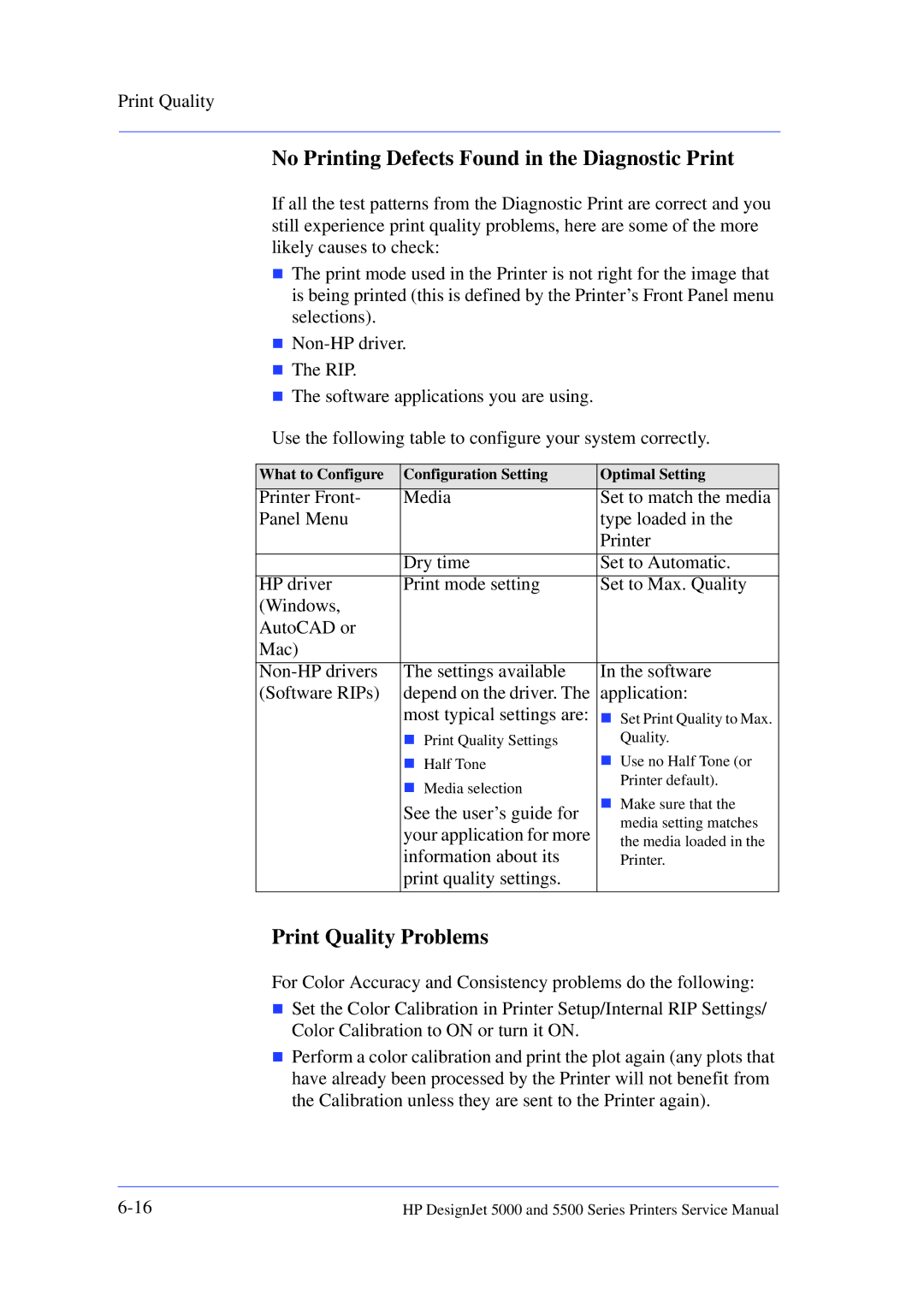 HP 5000 manual No Printing Defects Found in the Diagnostic Print, Print Quality Problems 