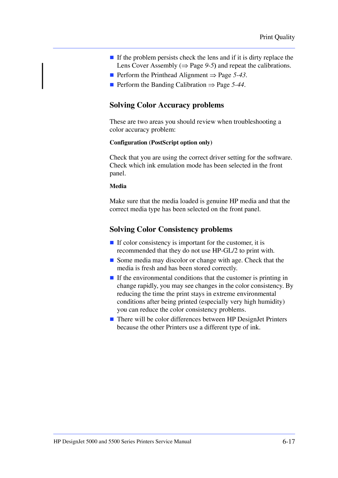 HP 5000 manual Solving Color Accuracy problems, Solving Color Consistency problems 