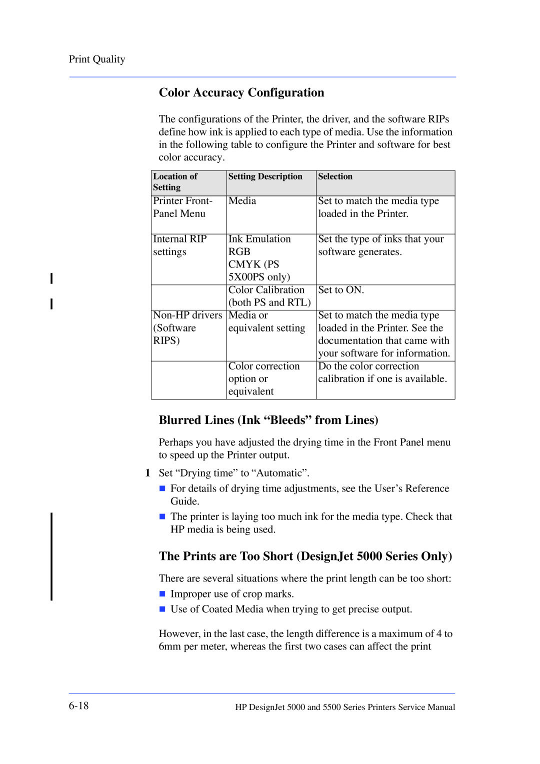 HP Color Accuracy Configuration, Blurred Lines Ink Bleeds from Lines, Prints are Too Short DesignJet 5000 Series Only 
