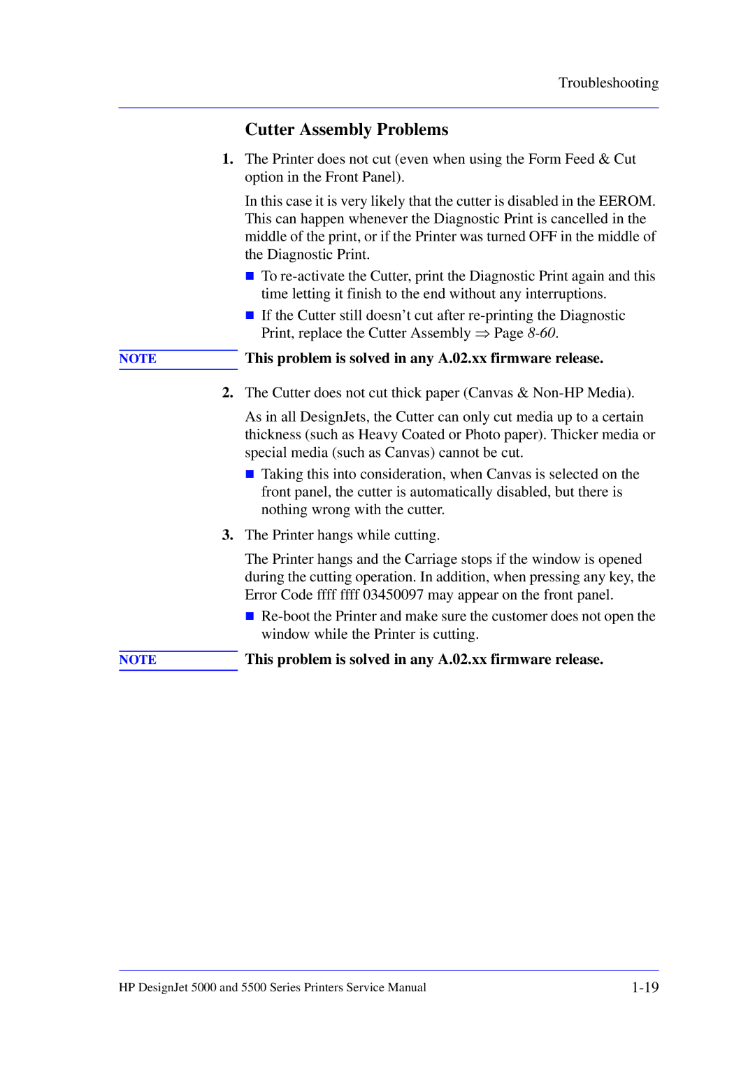 HP 5000 manual Cutter Assembly Problems, This problem is solved in any A.02.xx firmware release 