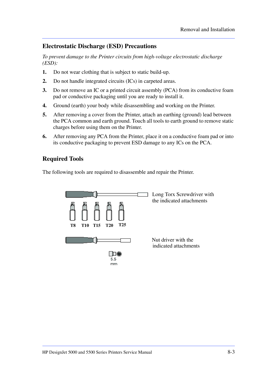 HP 5000 manual Electrostatic Discharge ESD Precautions, Required Tools 