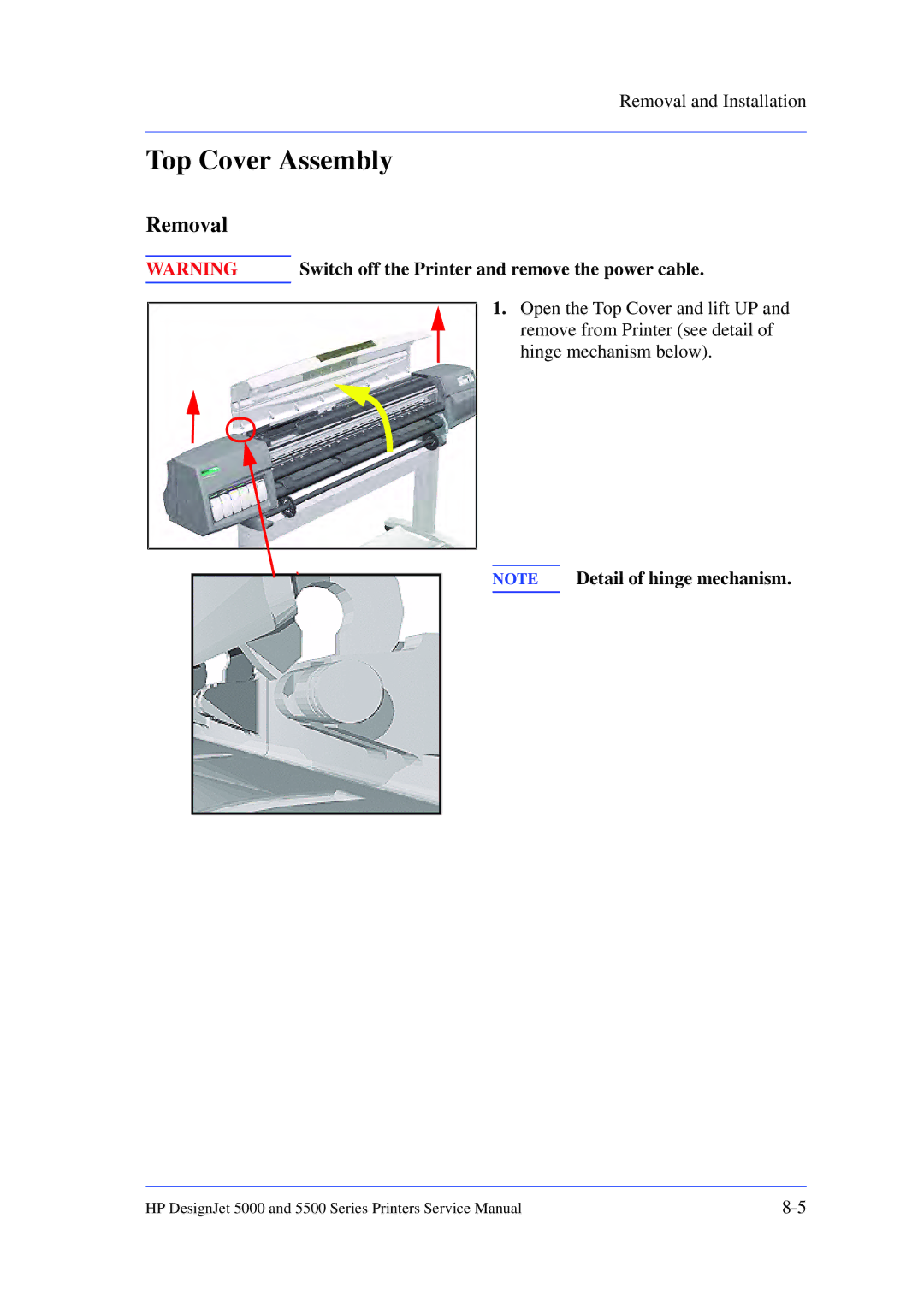 HP 5000 manual Top Cover Assembly, Removal 