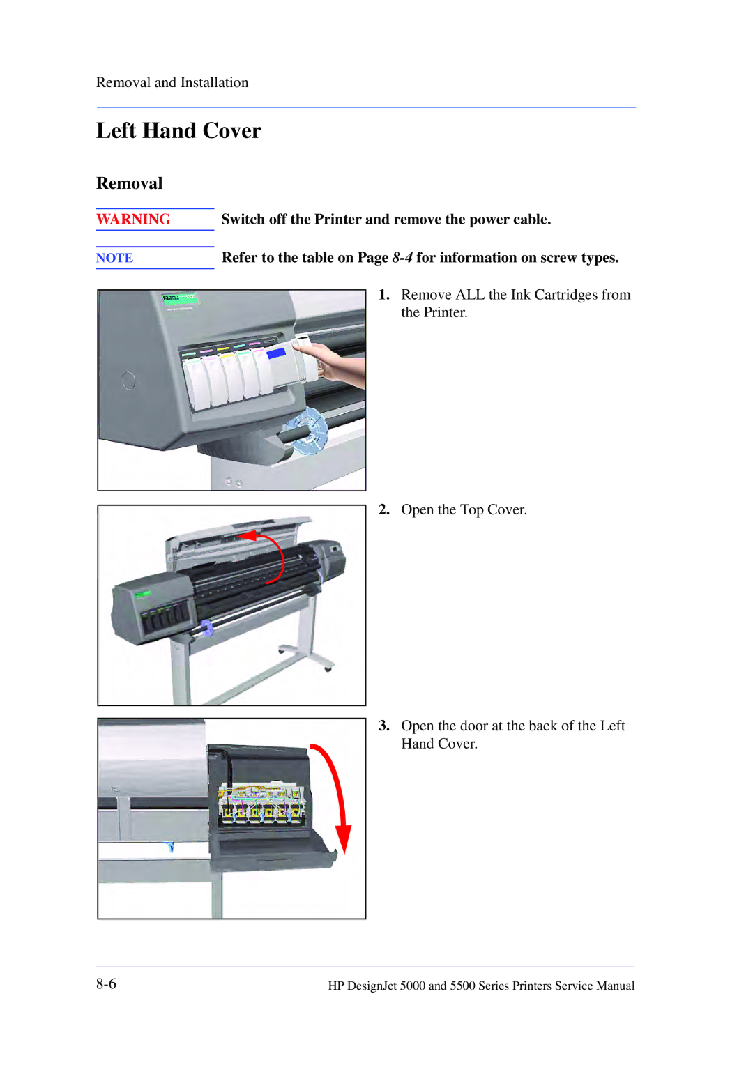 HP 5000 manual Switch off the Printer and remove the power cable, Remove ALL the Ink Cartridges from 