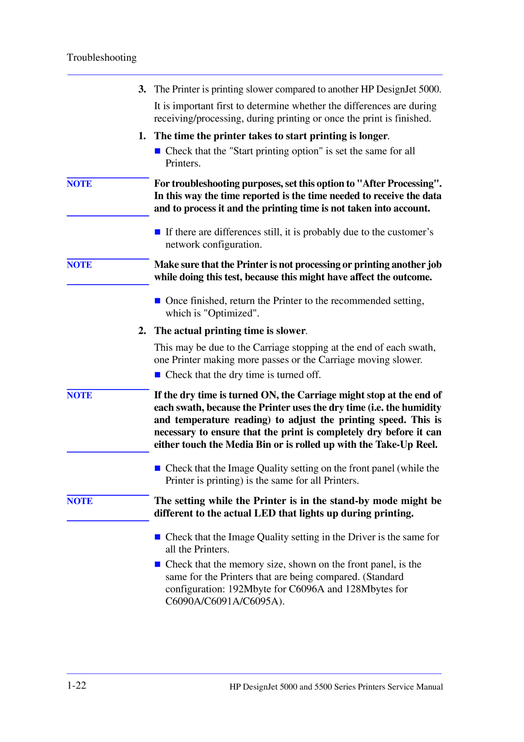 HP 5000 manual Time the printer takes to start printing is longer, Network configuration, Actual printing time is slower 