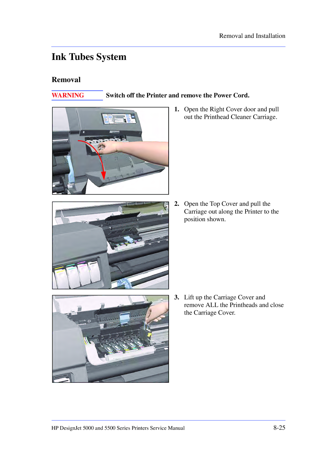 HP 5000 manual Open the Right Cover door and pull, Out the Printhead Cleaner Carriage 