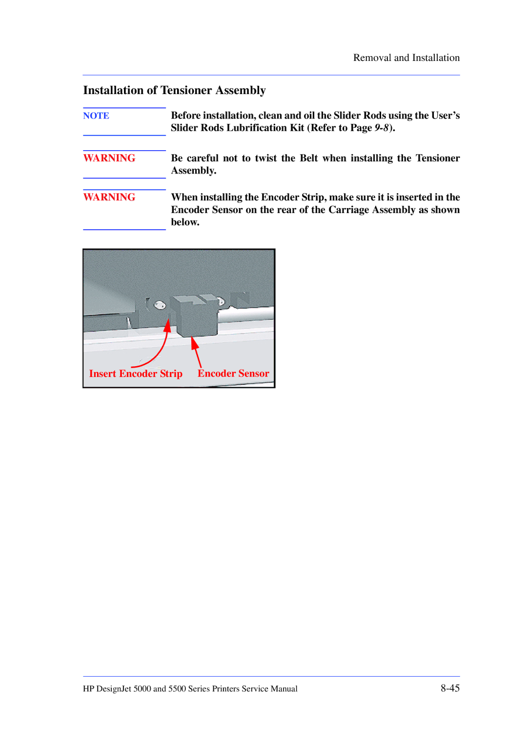 HP 5000 manual Installation of Tensioner Assembly 