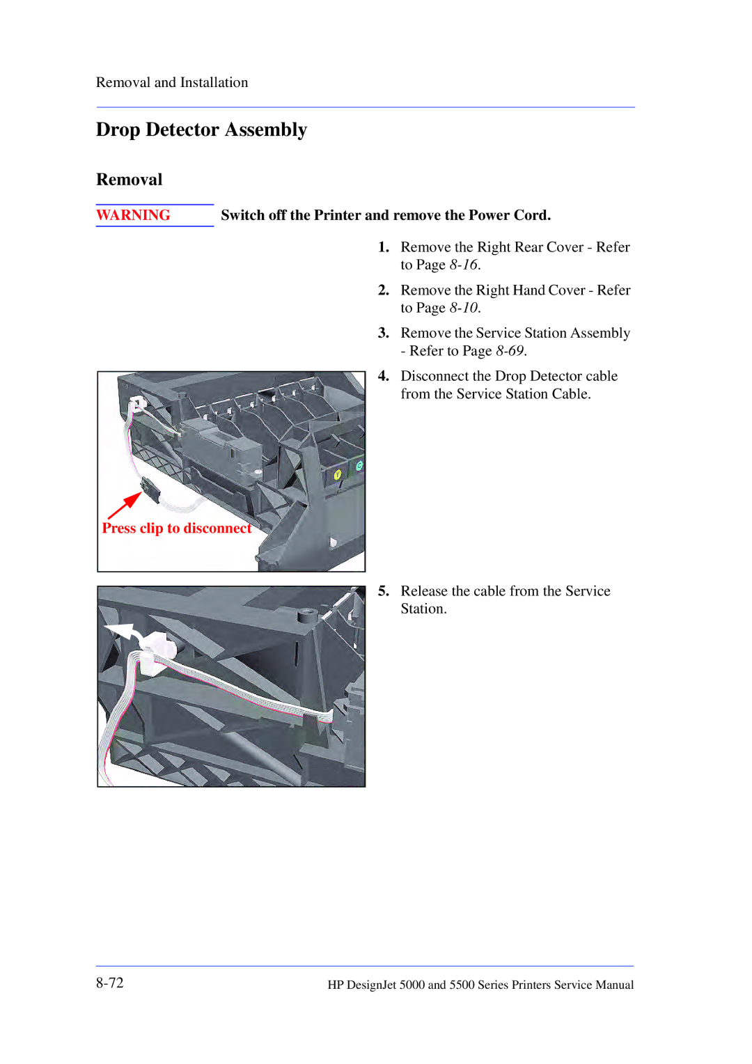 HP 5000 manual Drop Detector Assembly, Press clip to disconnect 