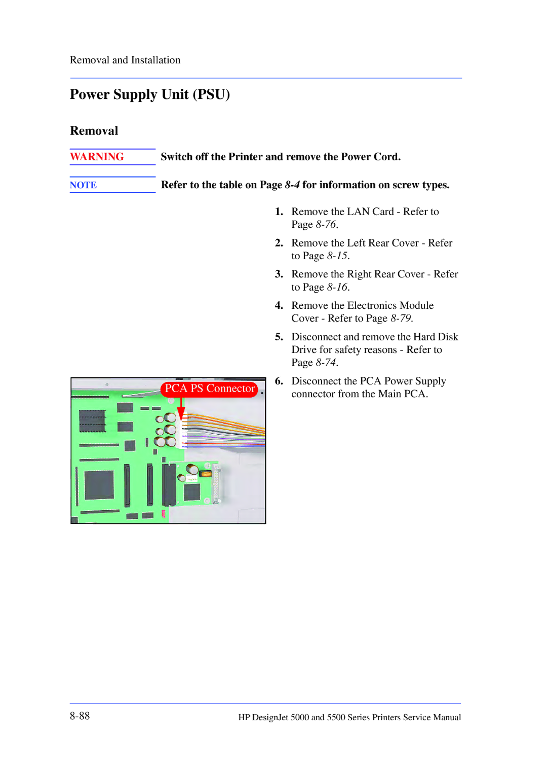 HP 5000 manual Power Supply Unit PSU, PCA PS Connector 