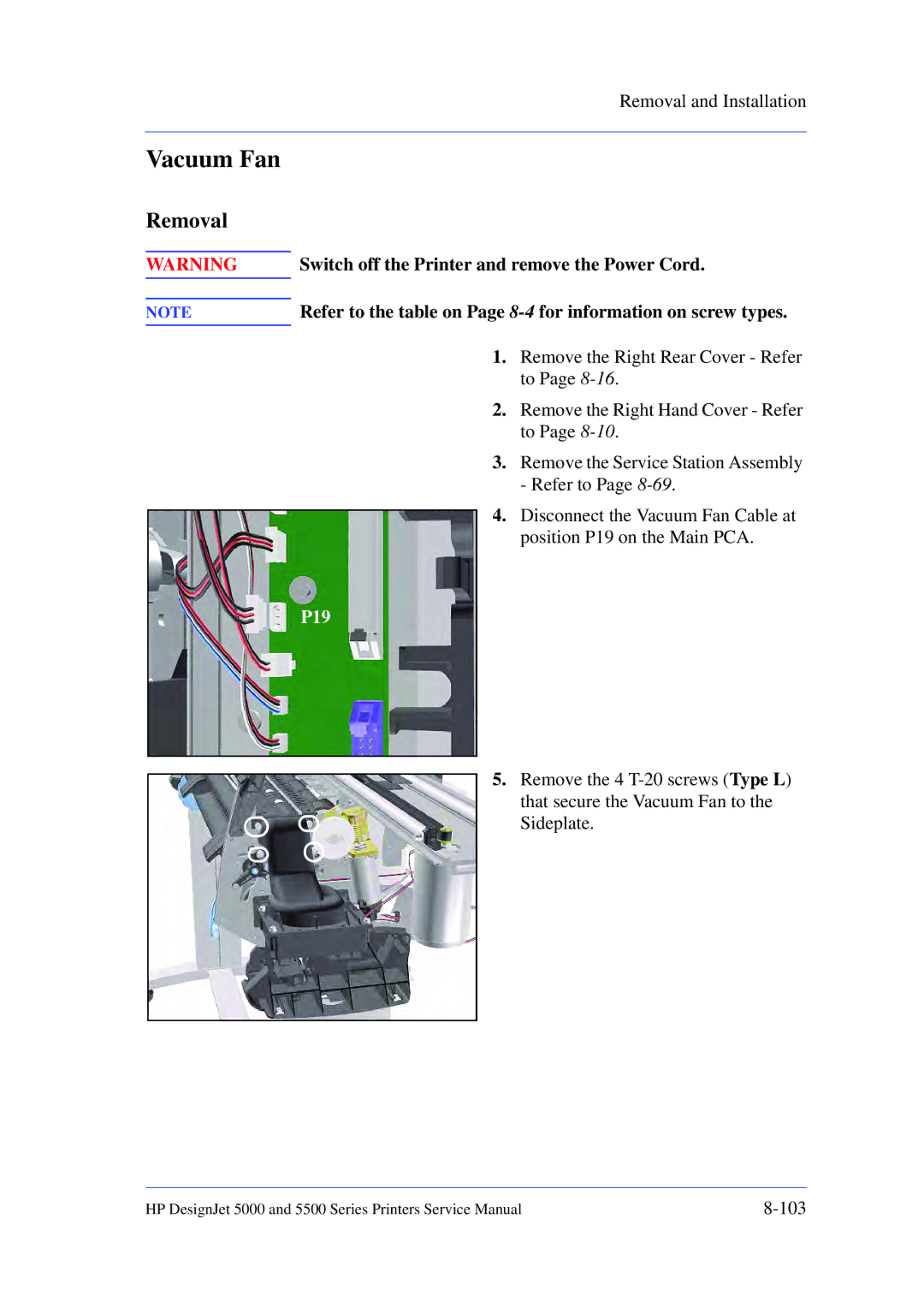 HP 5000 manual Vacuum Fan, P19 