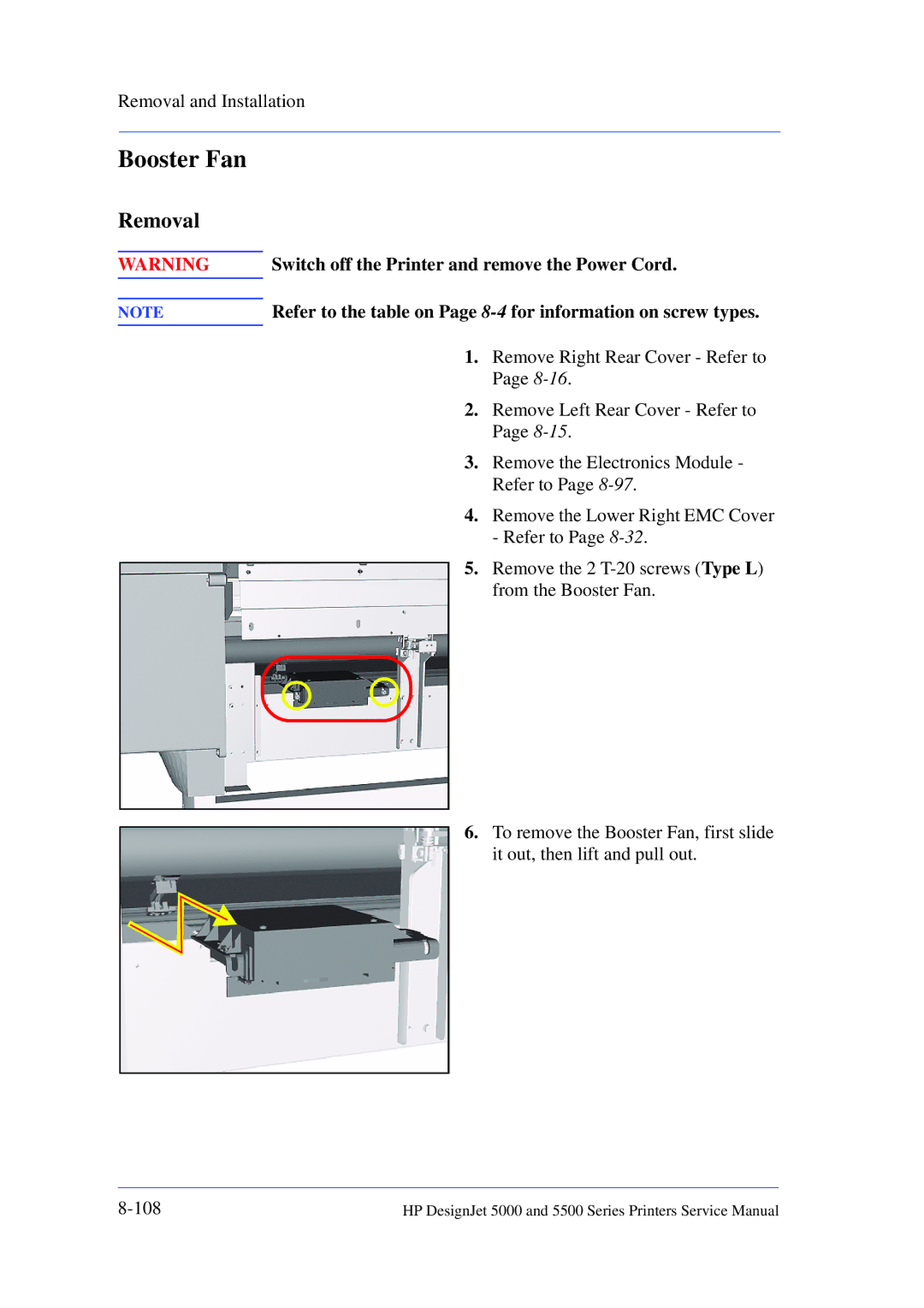 HP 5000 manual Booster Fan, Removal 