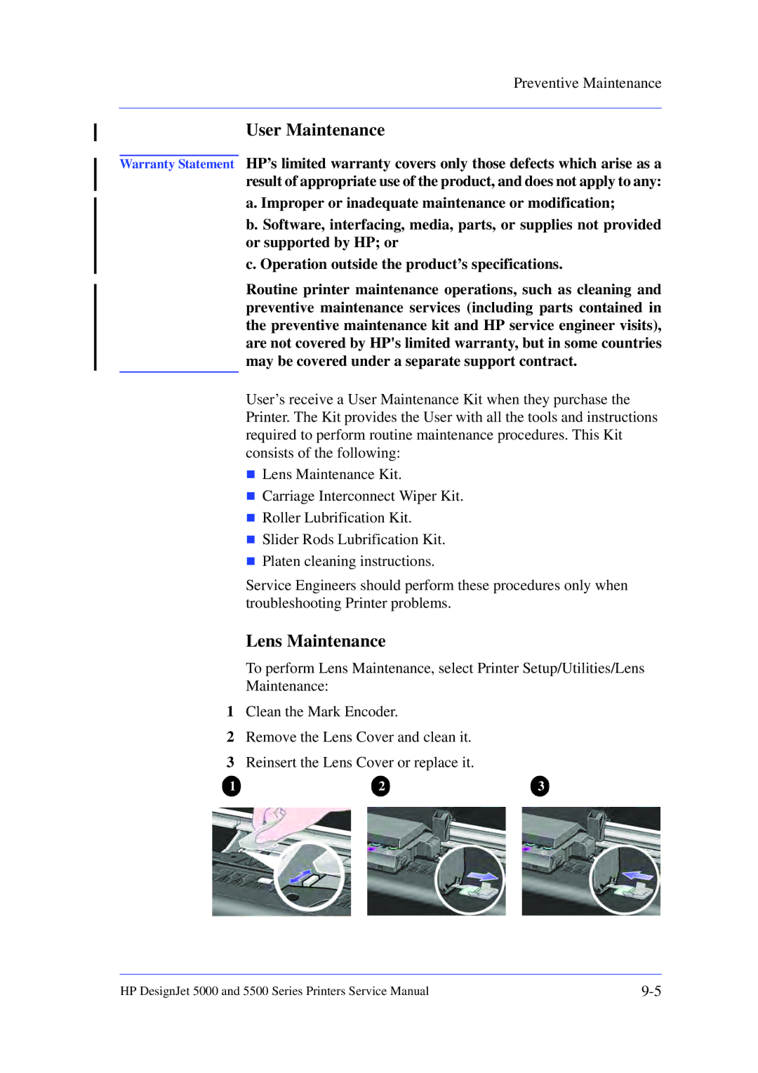 HP 5000 manual User Maintenance, Lens Maintenance 