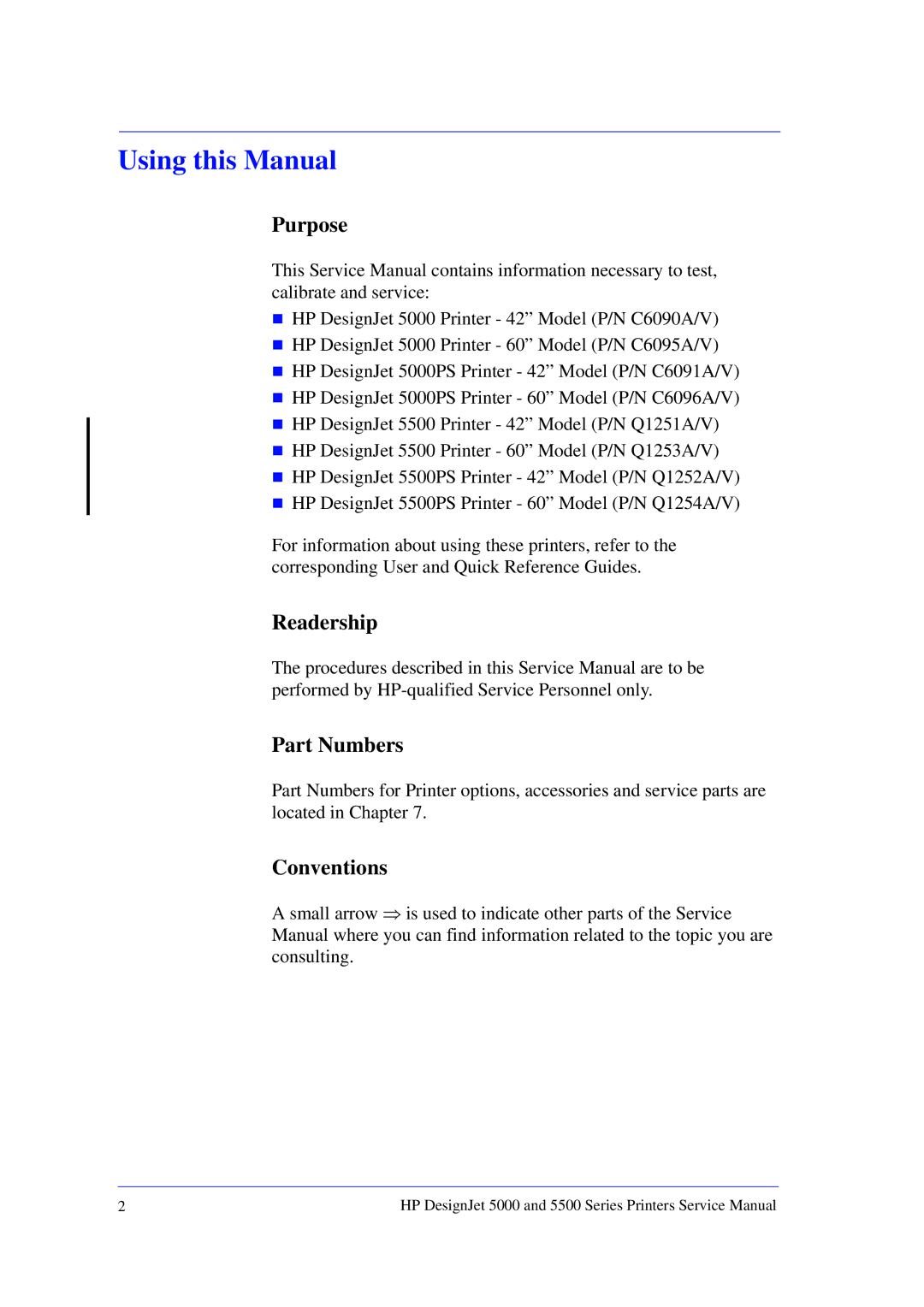 HP 5000 manual Using this Manual, Purpose, Readership Part Numbers, Conventions 