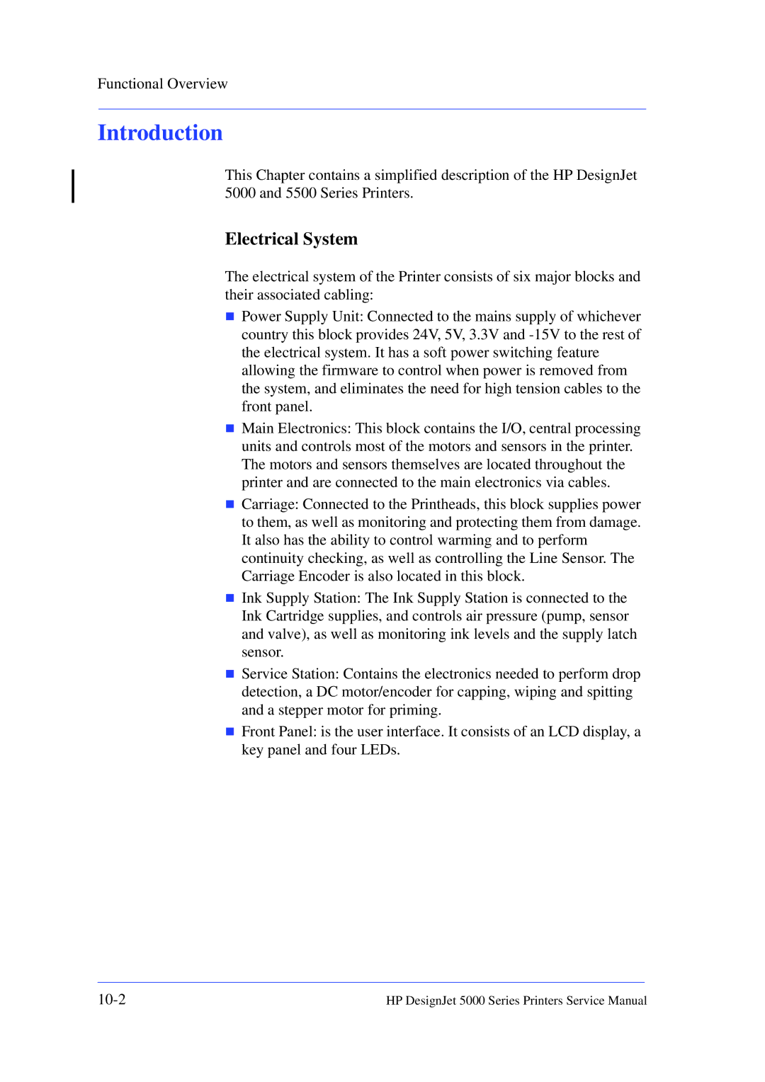 HP 5000 manual Introduction, Electrical System 