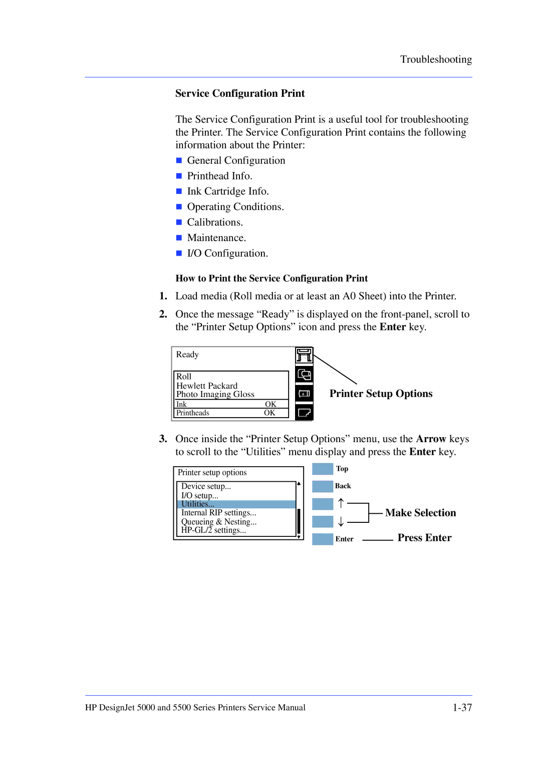 HP 5000 manual Service Configuration Print, Printer Setup Options, Press Enter 