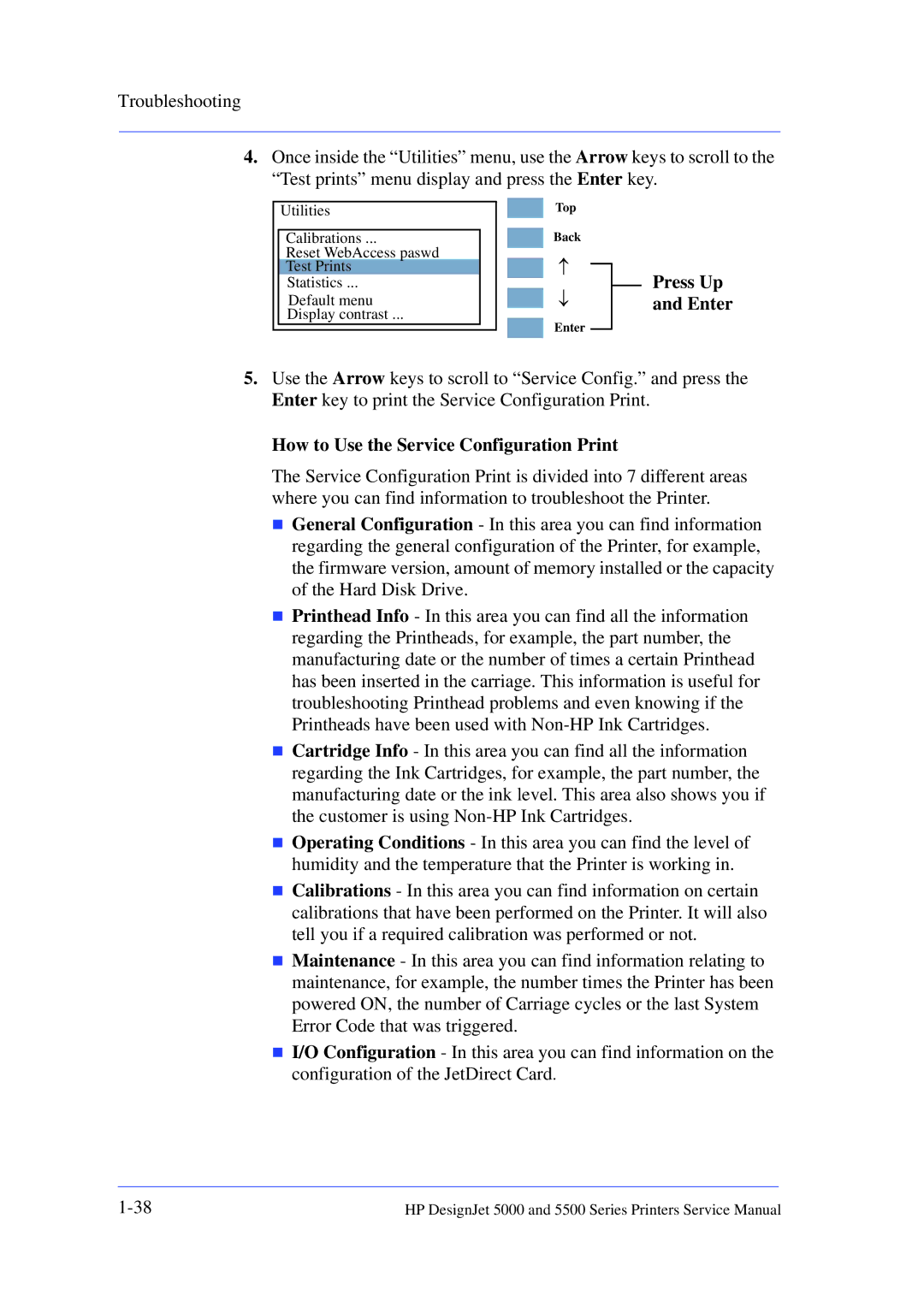 HP 5000 manual Press Up and Enter, How to Use the Service Configuration Print 