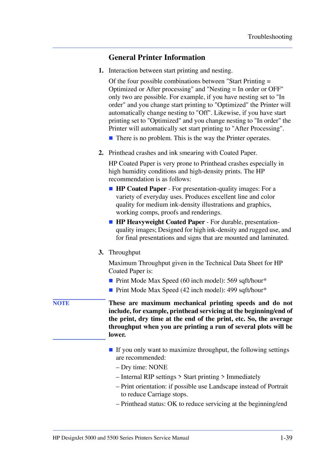 HP 5000 manual General Printer Information, These are maximum mechanical printing speeds and do not, Lower 