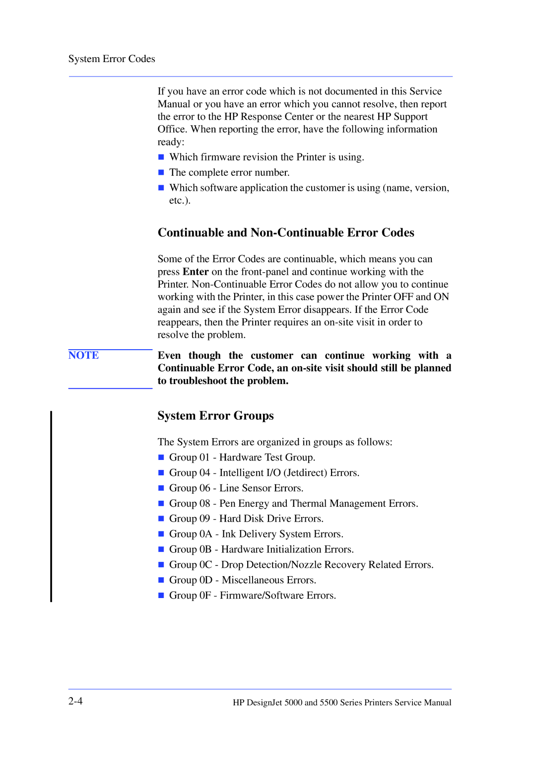 HP 5000 manual Continuable and Non-Continuable Error Codes, System Error Groups, To troubleshoot the problem 