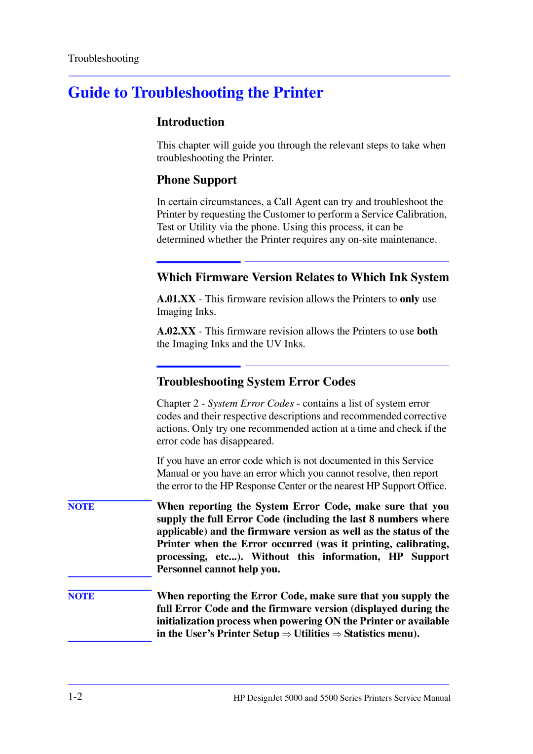 HP 5000 manual Guide to Troubleshooting the Printer, Introduction, Phone Support, Troubleshooting System Error Codes 