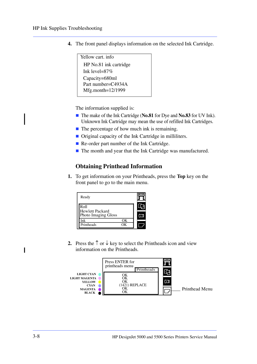 HP 5000 manual Obtaining Printhead Information 