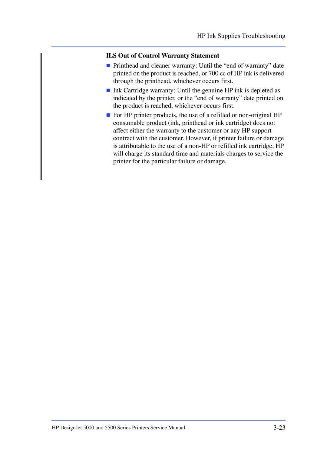 HP 5000 manual ILS Out of Control Warranty Statement 