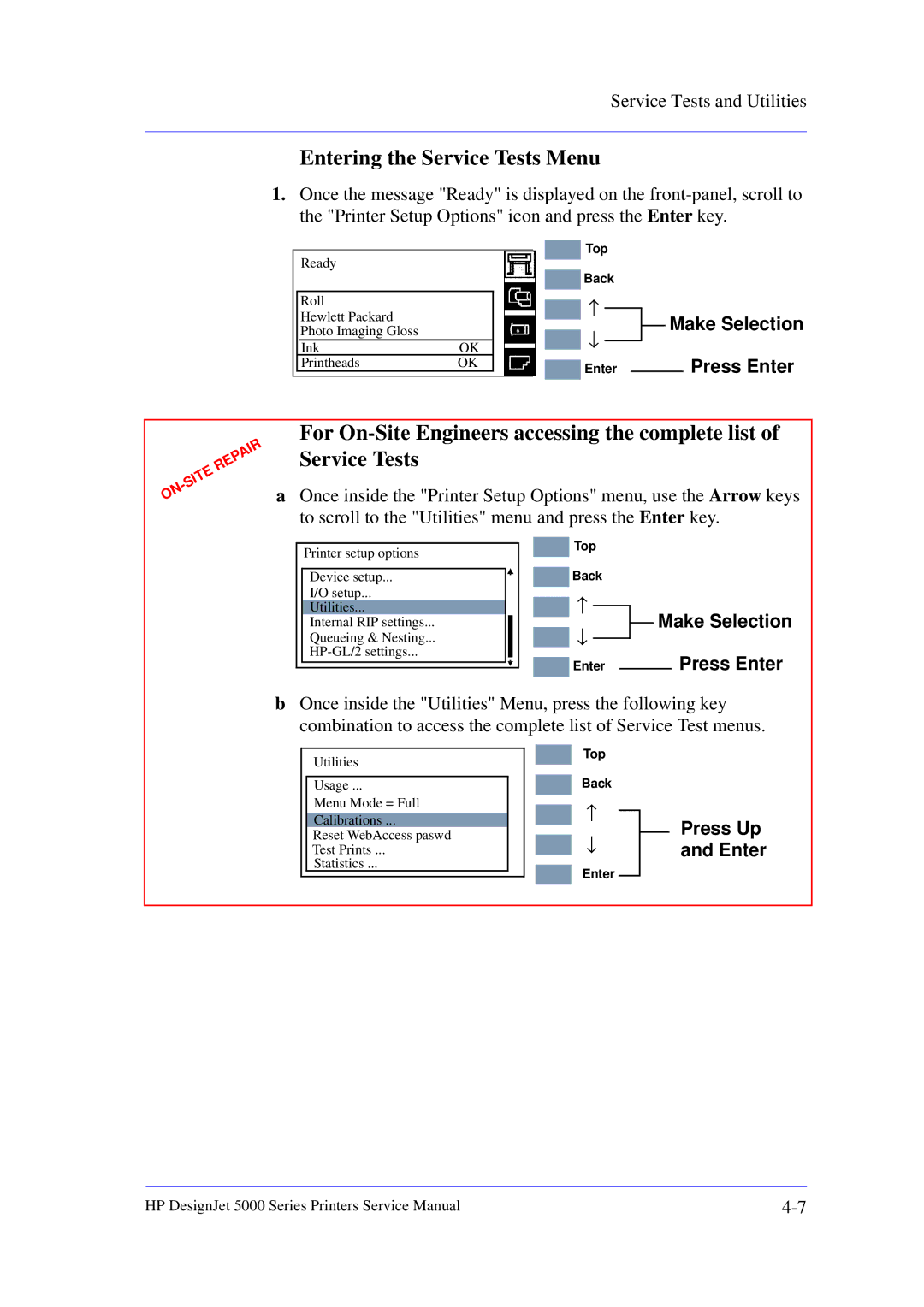 HP 5000 manual Entering the Service Tests Menu 