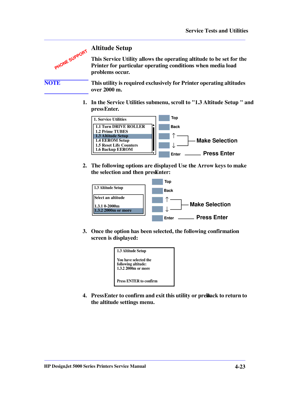 HP 5000 manual Altitude Setup, Over 2000 m 