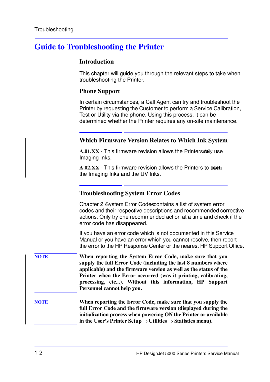 HP 5000 manual Guide to Troubleshooting the Printer, Introduction, Phone Support, Troubleshooting System Error Codes 