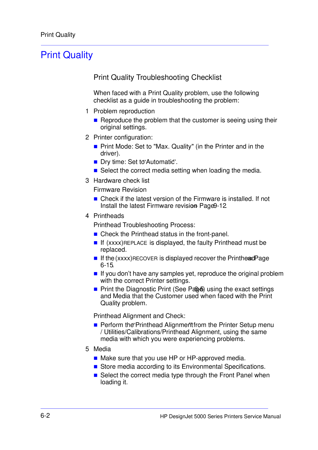 HP 5000 manual Print Quality Troubleshooting Checklist 