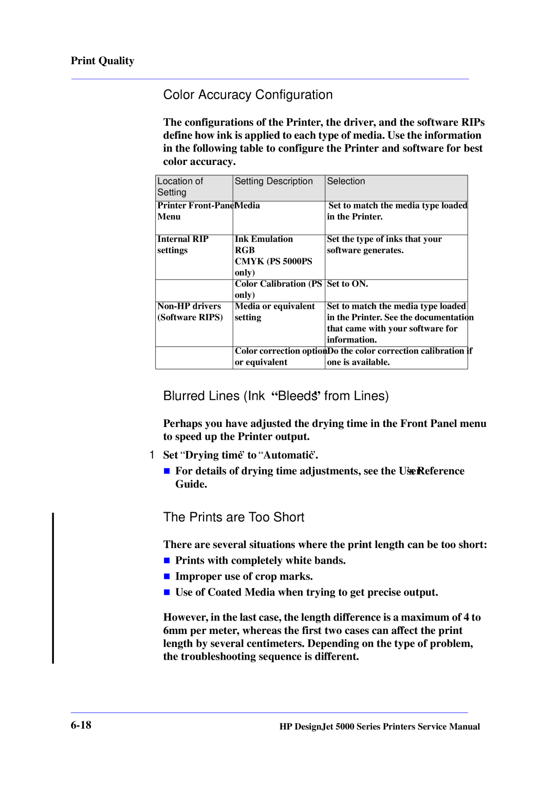 HP 5000 manual Color Accuracy Configuration, Blurred Lines Ink Bleeds from Lines, Prints are Too Short 