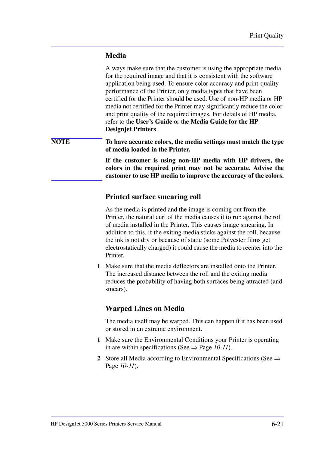 HP 5000 manual Printed surface smearing roll, Warped Lines on Media 