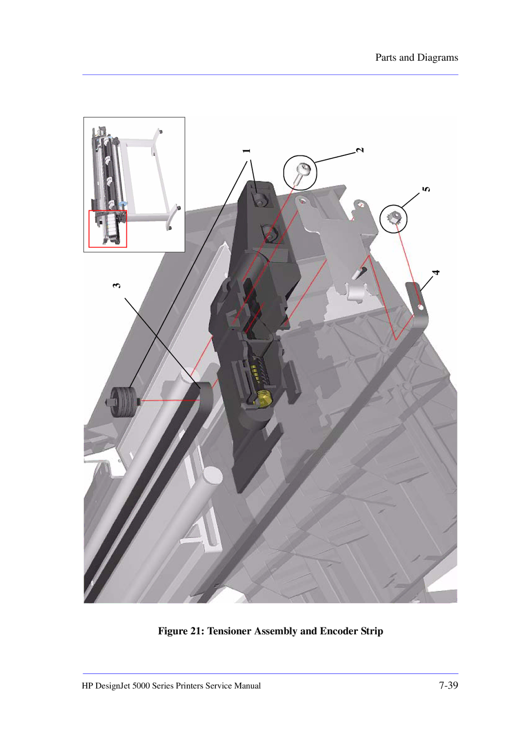 HP 5000 manual Tensioner Assembly and Encoder Strip 