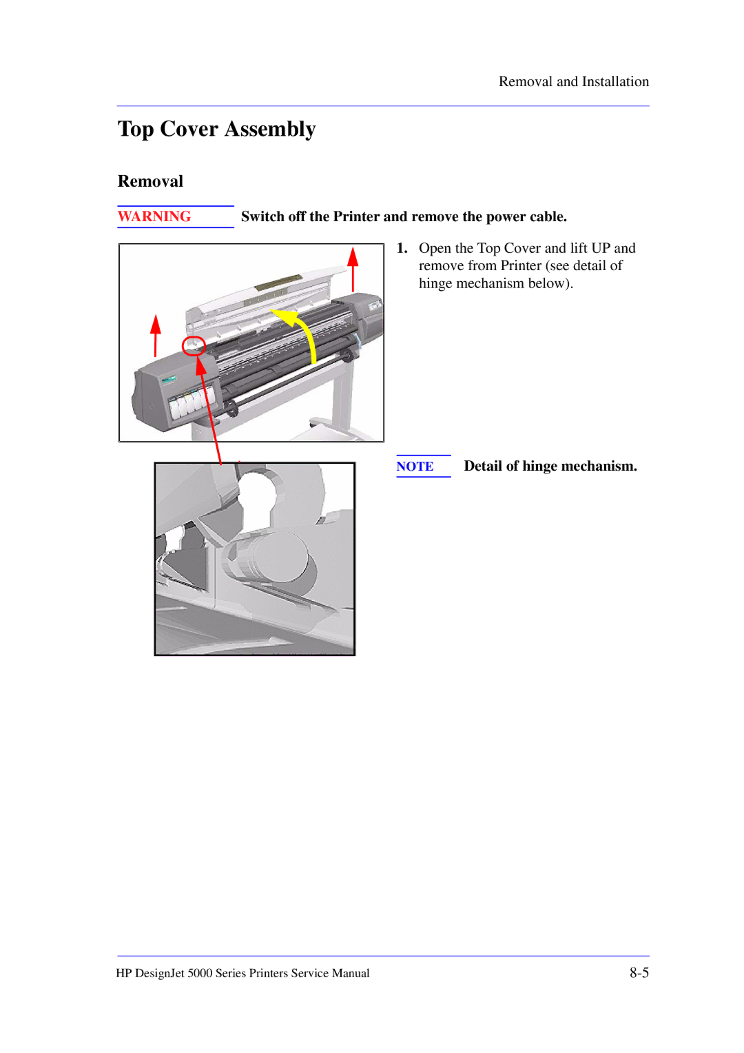 HP 5000 manual Top Cover Assembly, Removal 