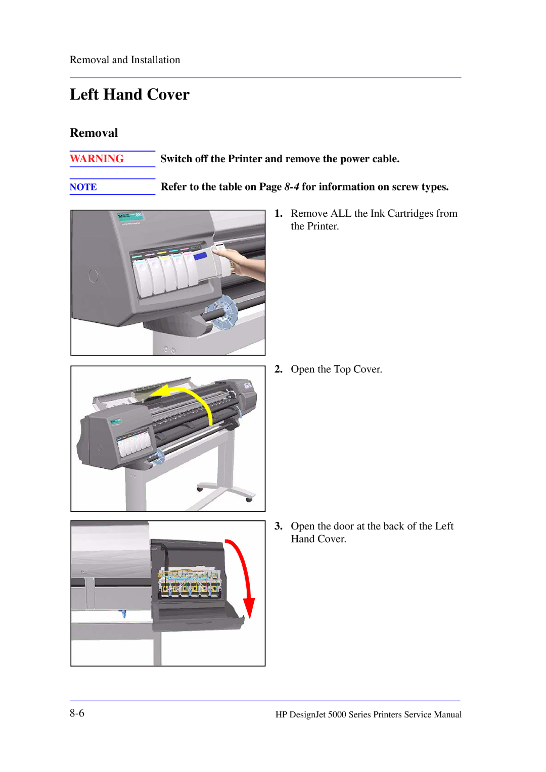 HP 5000 manual Switch off the Printer and remove the power cable, Remove ALL the Ink Cartridges from 