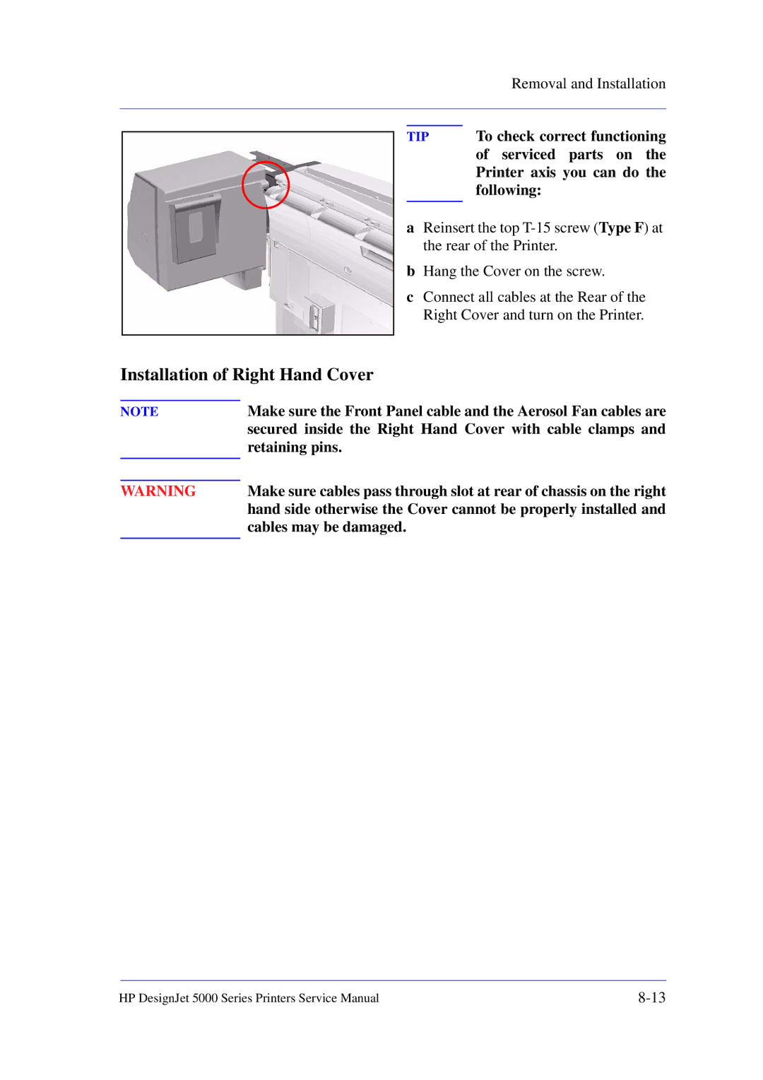 HP 5000 manual Installation of Right Hand Cover 