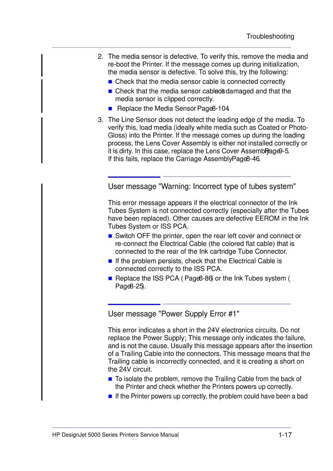 HP 5000 manual User message Warning Incorrect type of tubes system, User message Power Supply Error #1 