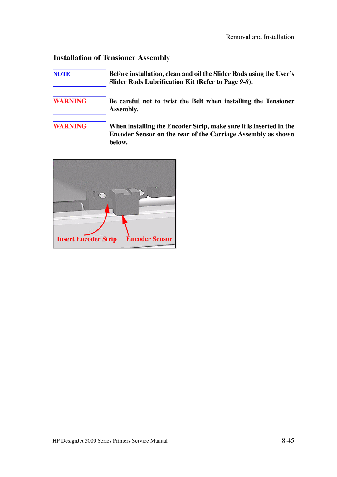 HP 5000 manual Installation of Tensioner Assembly 