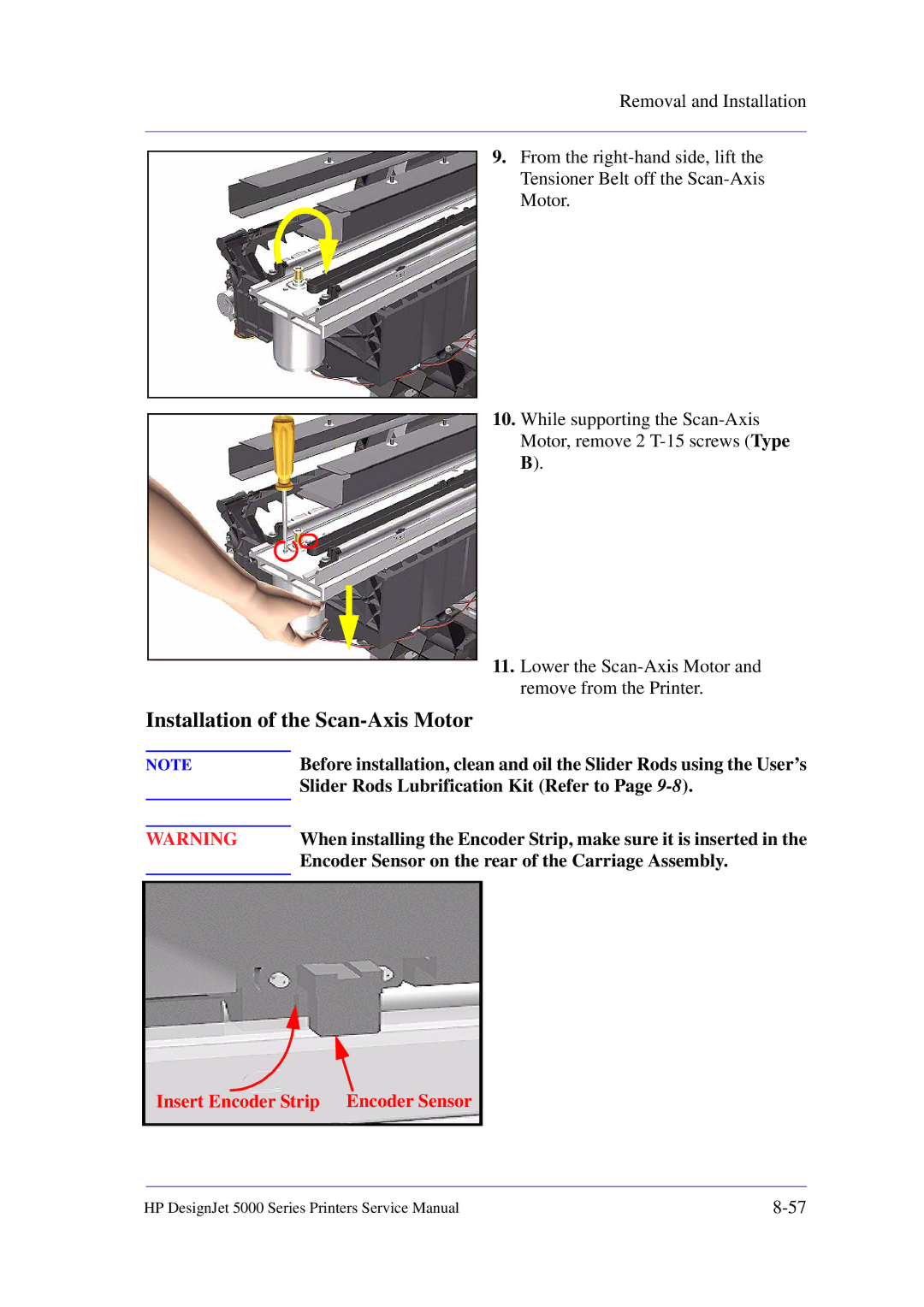 HP 5000 manual Installation of the Scan-Axis Motor, Slider Rods Lubrification Kit Refer to 