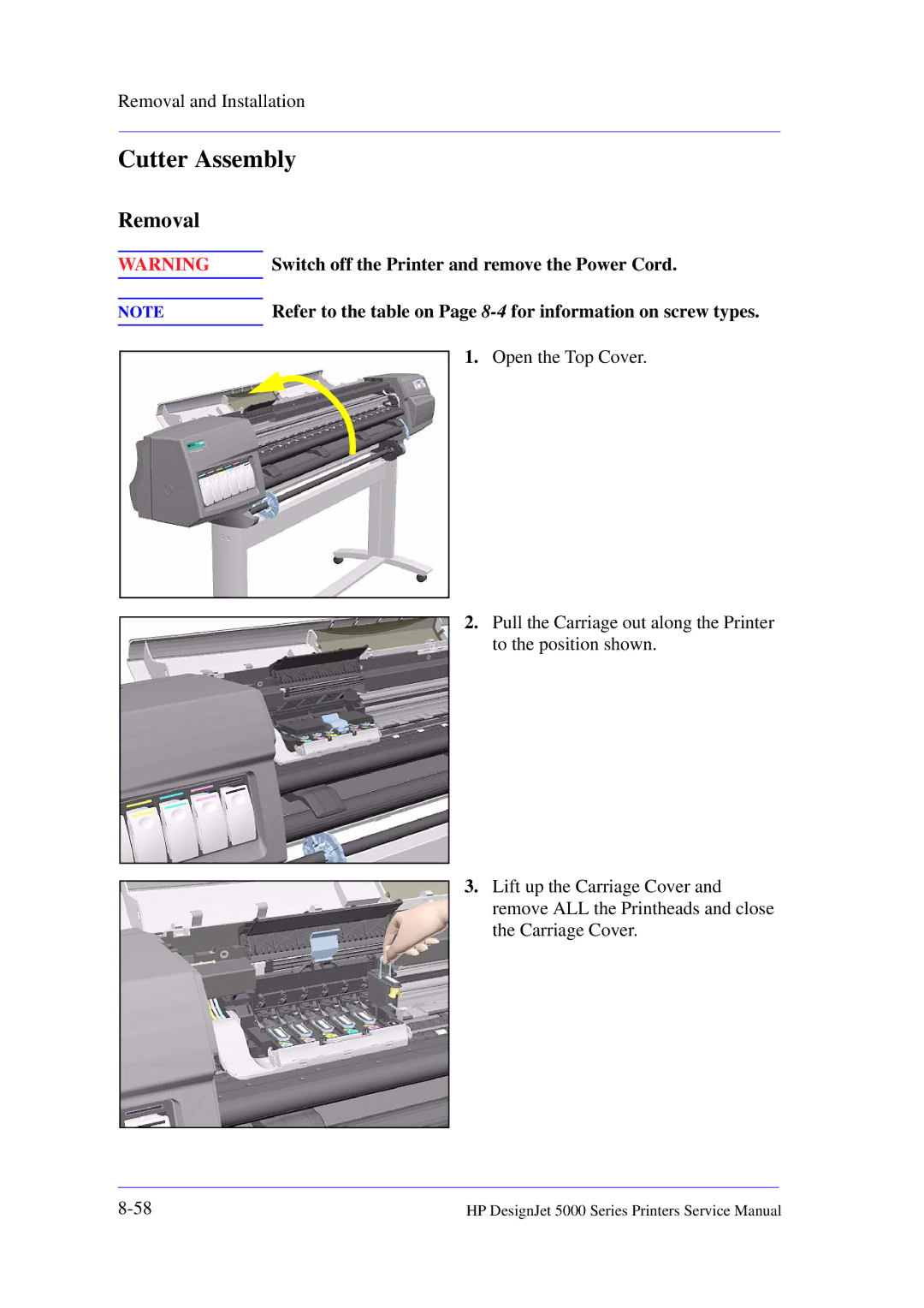 HP 5000 manual Cutter Assembly, Open the Top Cover 