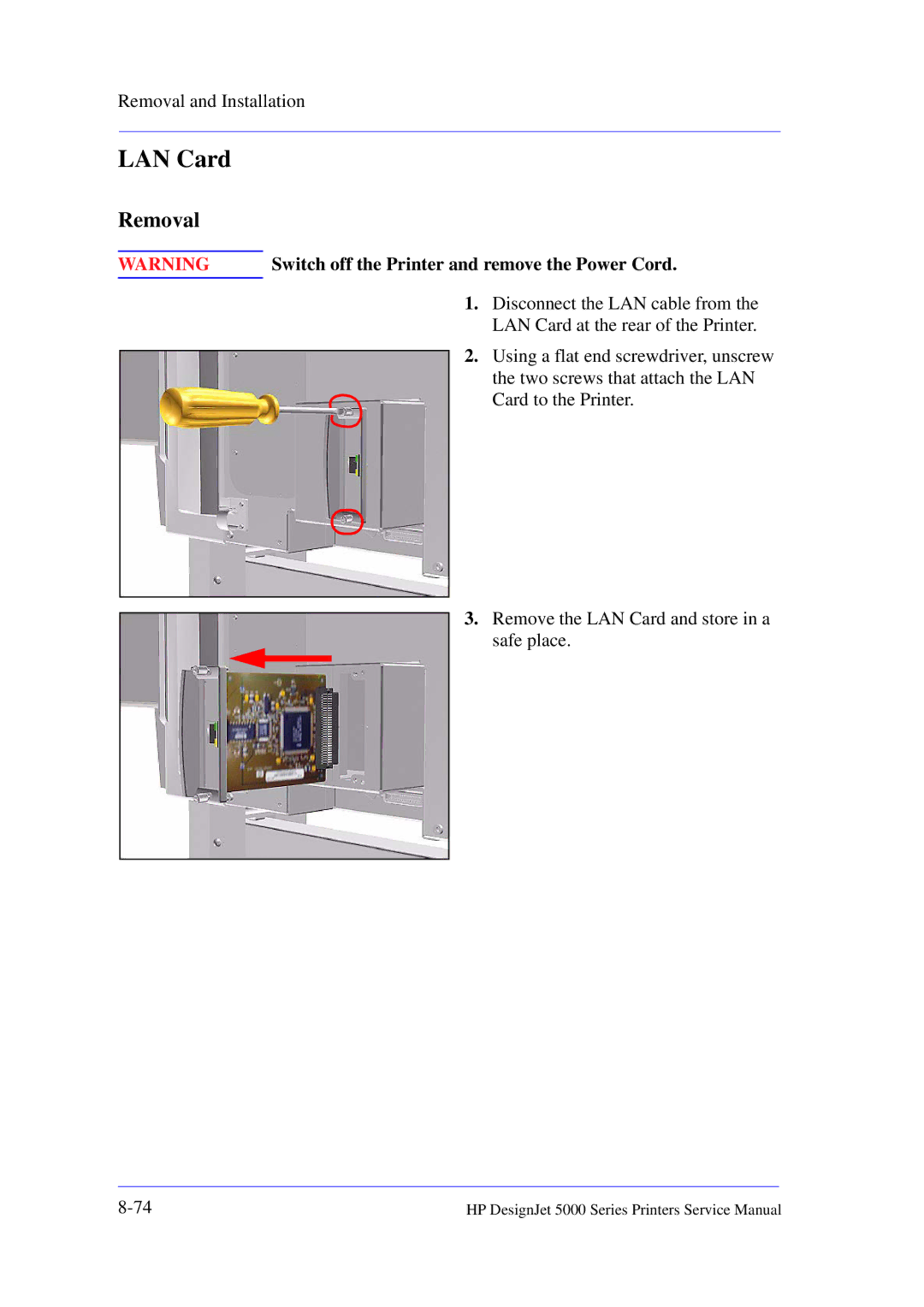 HP 5000 manual LAN Card, Switch off the Printer and remove the Power Cord 