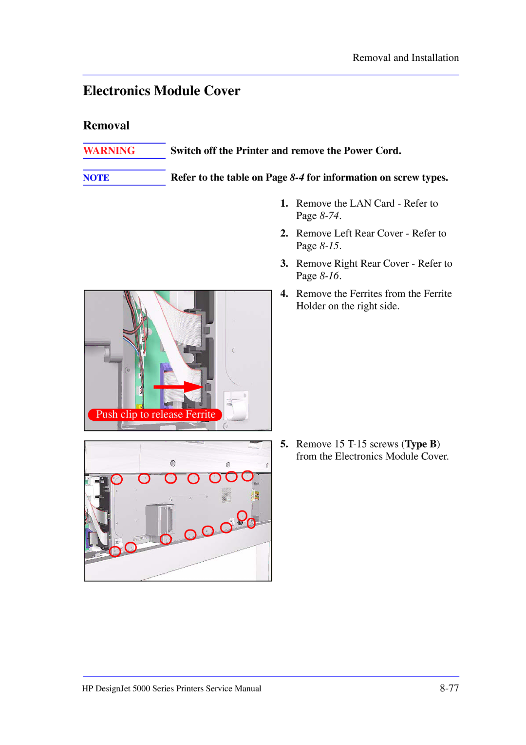 HP 5000 manual Electronics Module Cover, Switch off the Printer and remove the Power Cord 