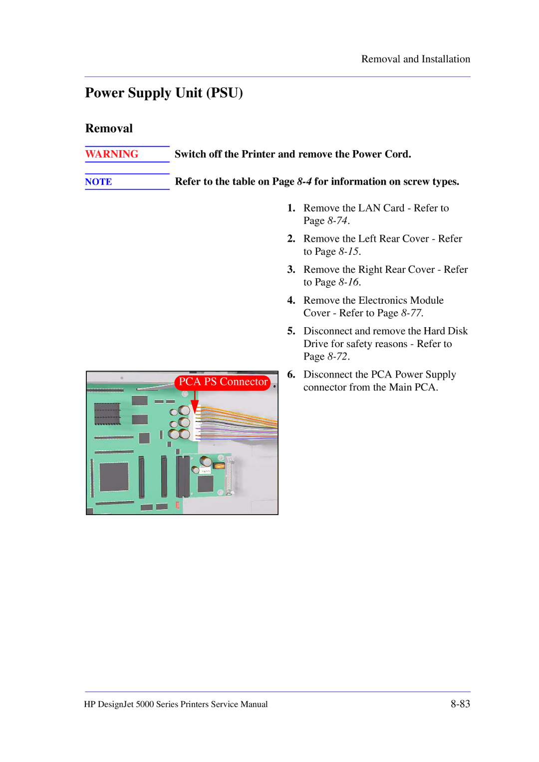 HP 5000 manual Power Supply Unit PSU, PCA PS Connector 