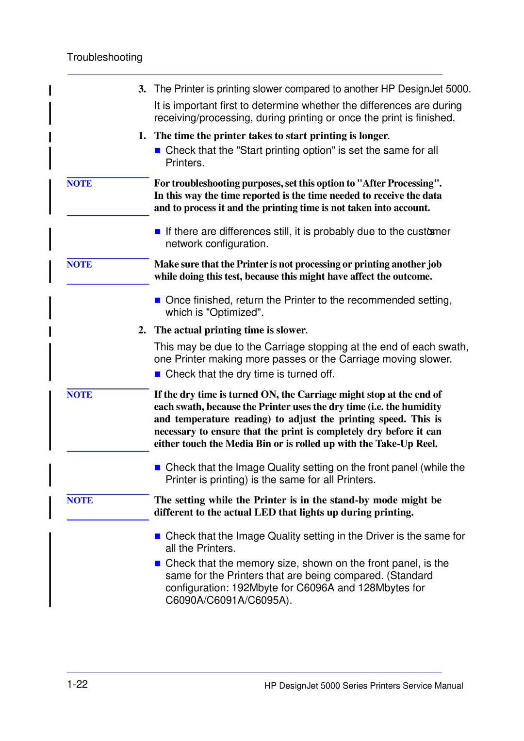 HP 5000 manual Time the printer takes to start printing is longer, Network configuration, Actual printing time is slower 