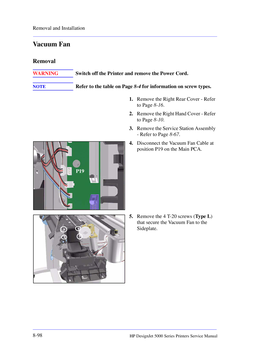 HP 5000 manual Vacuum Fan, P19 