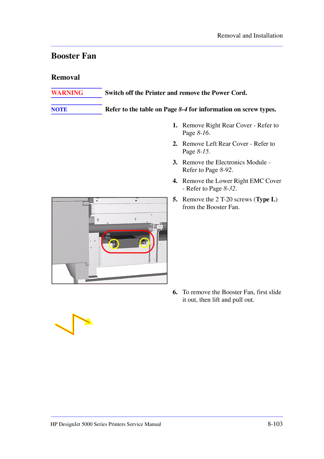 HP 5000 manual Booster Fan, Removal 