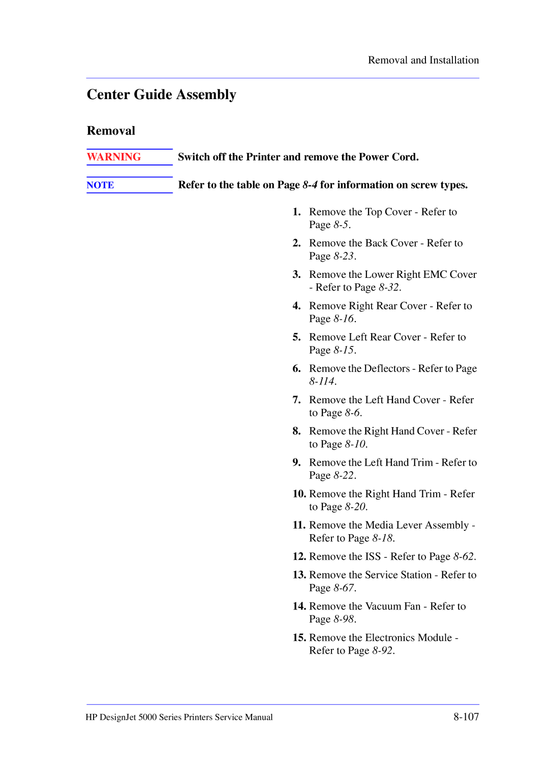 HP 5000 manual Center Guide Assembly 