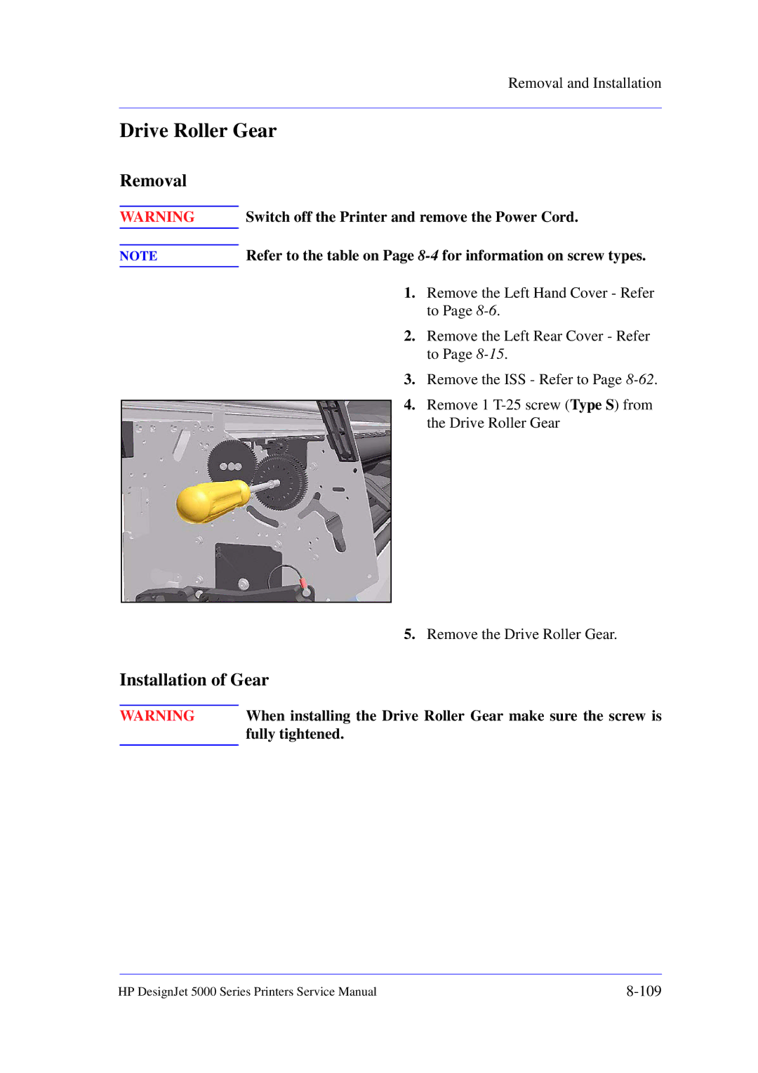 HP 5000 manual Installation of Gear, Remove the Drive Roller Gear, Fully tightened 