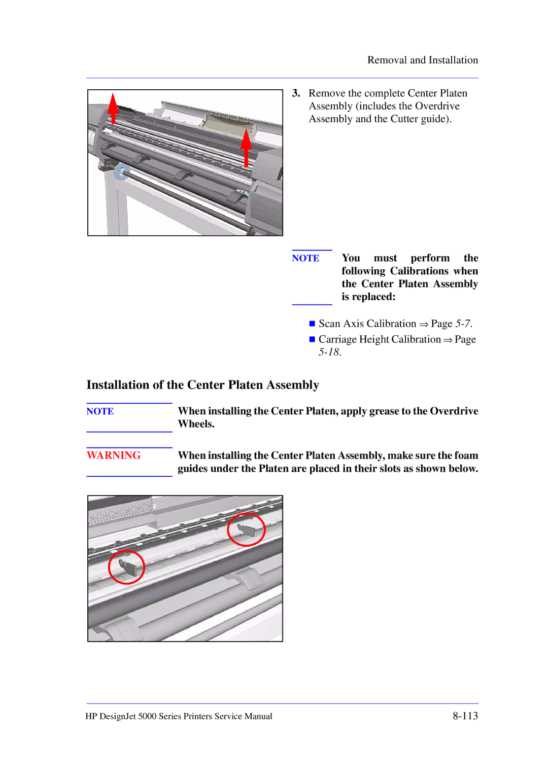 HP 5000 manual Installation of the Center Platen Assembly, Wheels 