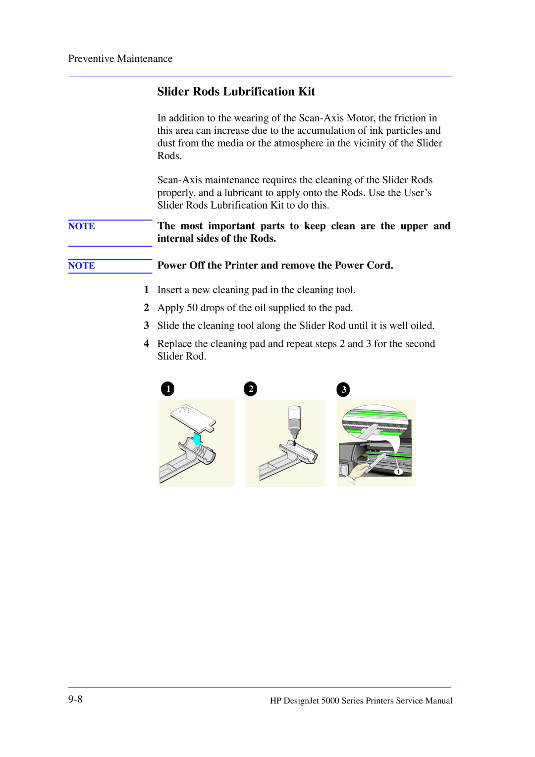 HP 5000 manual Slider Rods Lubrification Kit, Power Off the Printer and remove the Power Cord 