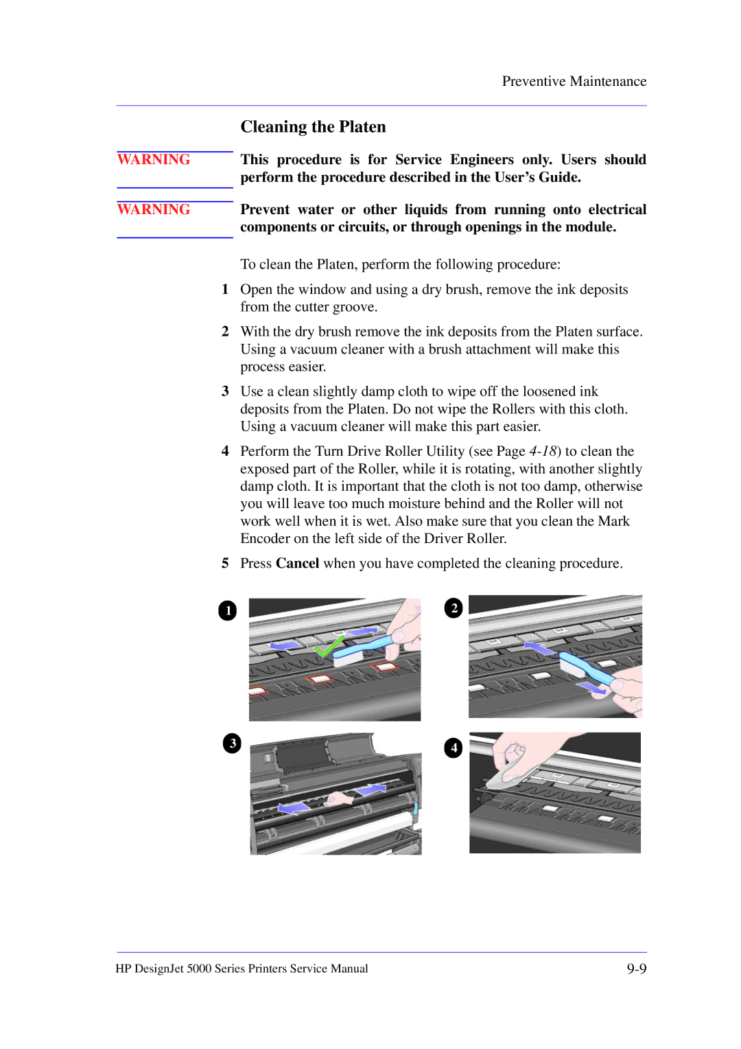 HP 5000 manual Cleaning the Platen, Preventive Maintenance 